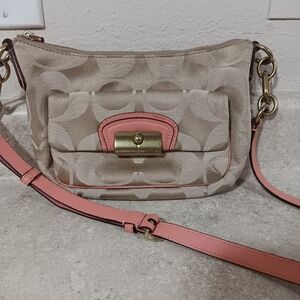 COACH 14902 Kristin Shoulder Bag  Beige & Salmon Pink Canvas Leather